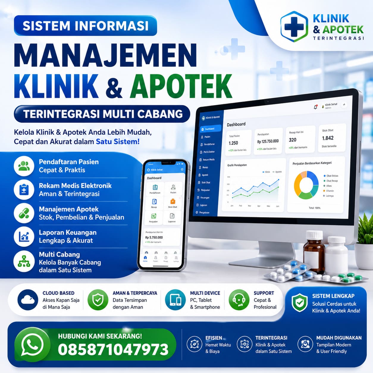 Antarmuka aplikasi klinik dan apotek terpadu untuk pendaftaran pasien, rekam medis, kasir, dan antrian.