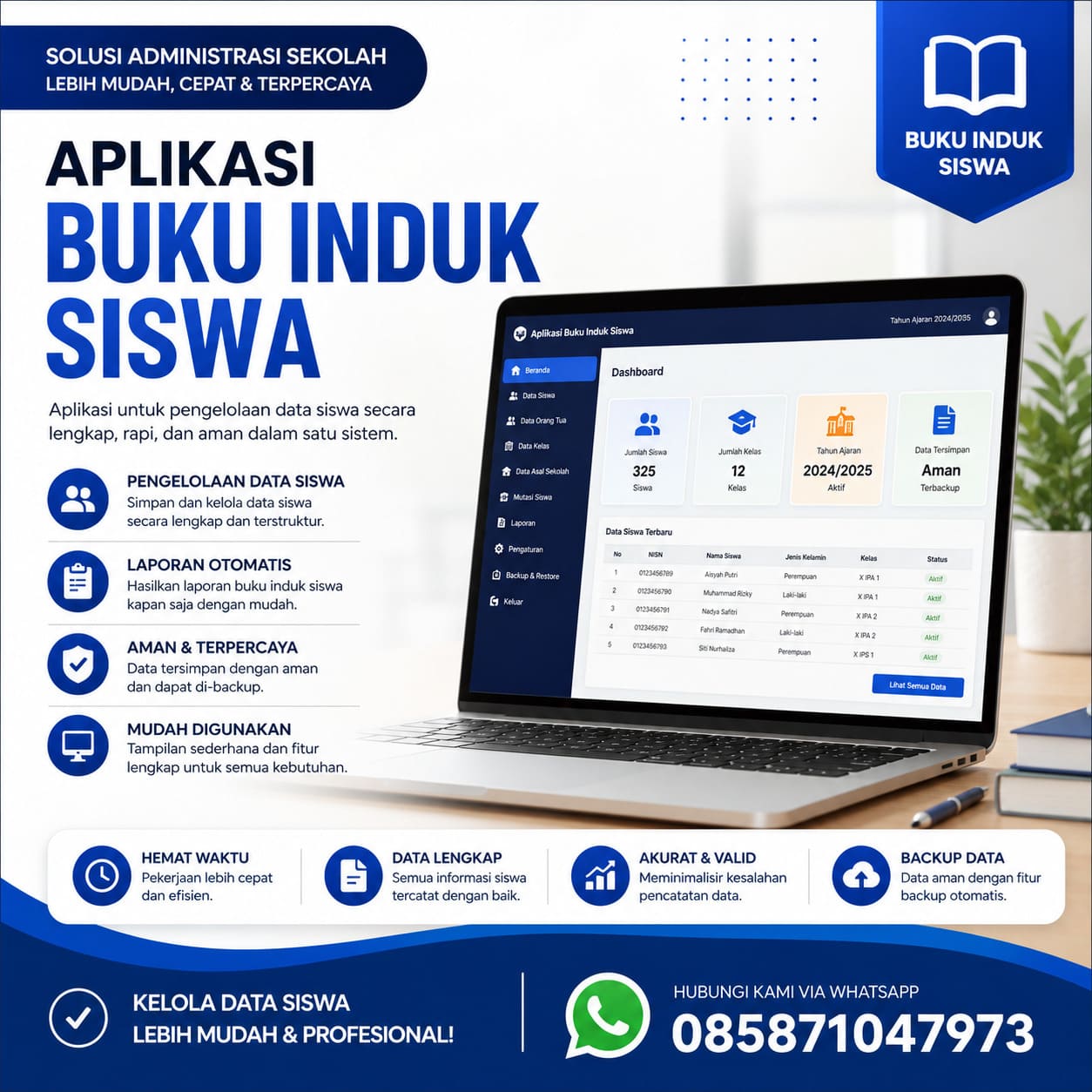 Tampilan antarmuka aplikasi buku induk siswa digital yang modern dan user-friendly, menunjukkan fitur pencarian data siswa.