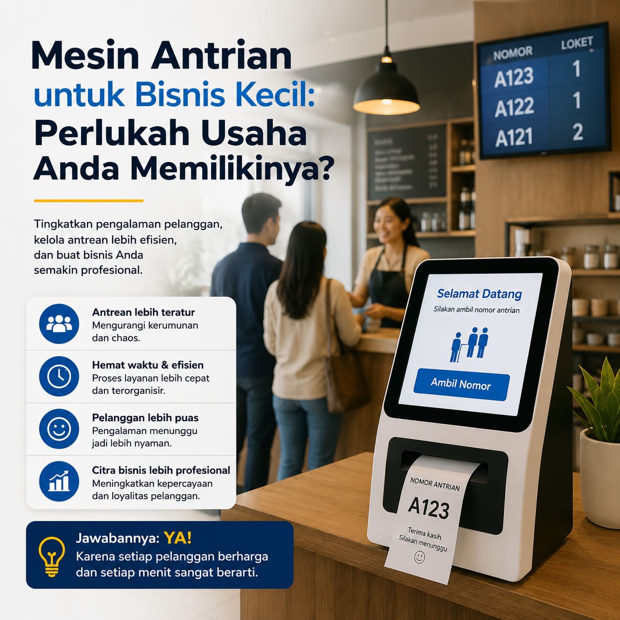 Mesin antrian untuk bisnis kecil dengan unit sederhana satu loket