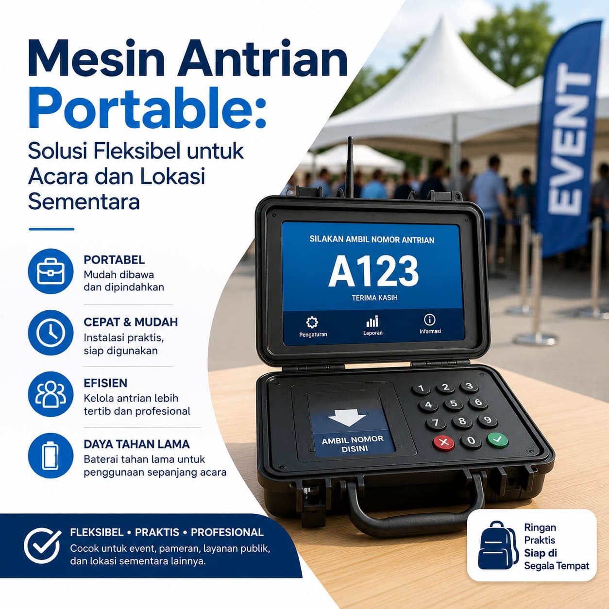 Mesin antrian portable untuk acara dan lokasi sementara