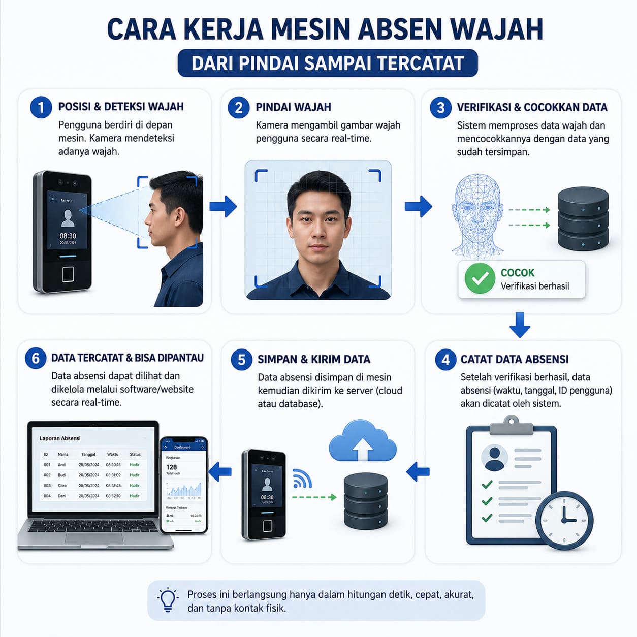 Diagram cara kerja mesin absen wajah dari pindai sampai tercatat